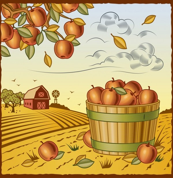 Vintage Apple Harvest Farm Vector Scene web vintage vector unique ui elements stylish scene retro quality original orange new leaves leaf label interface illustrator high quality hi-res HD harvest scene graphic fresh free download free farm fall scene elements download detailed design creative countryside basket autumn scene autumn apple   