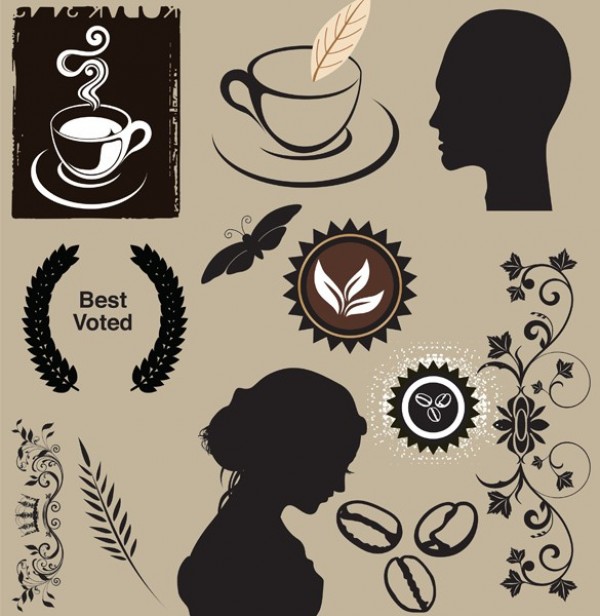 Coffee and Silhouette Elements Vector Set wreath woman web vector unique ui elements stylish silhouette set quality original new man interface illustrator high quality hi-res head HD graphic fresh free download free floral elements floral eps elements download detailed design decorative creative coffee cup coffee butterfly bust beans badges ai   