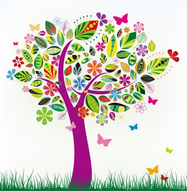 Springtime Abstract Tree with Decorated Leaves Vector web vector tree vector unique ui elements stylish spring quality patterns original new interface illustrator illustration high quality hi-res HD graphic fresh free download free eps elements download detailed design decorated creative butterflies background abstract tree abstract   