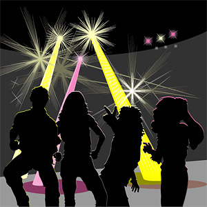 Disco silhouettes of men and women vector spotlights silhouette disco characters   