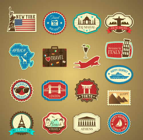 Travel labels with stamp and badge vector material travel stamp labels badge   