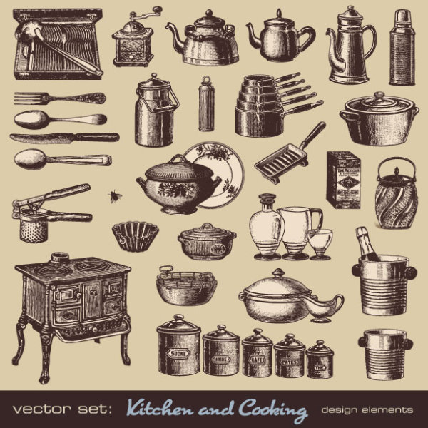 vector Set of Retro kitchen and cooking 01 Retro font kitchen cooking   