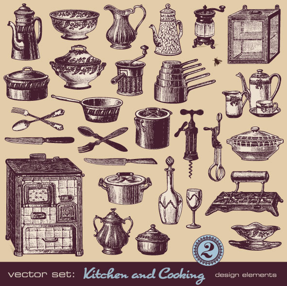 vector Set of Retro kitchen and cooking 02 Retro font kitchen cooking   