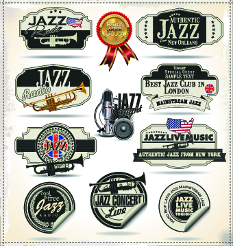 Retro rock music and jazz labels vector 01 rock music Retro font music labels label Jazz   