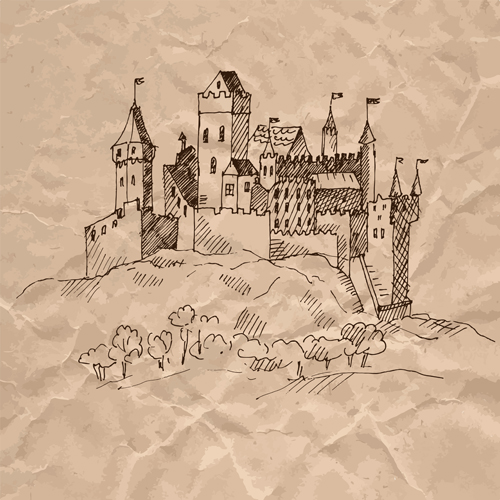 Hand drawn medieval buildings and crumpled paper vector 13 medieval hand drawn Crumpled paper crumpled buildings   