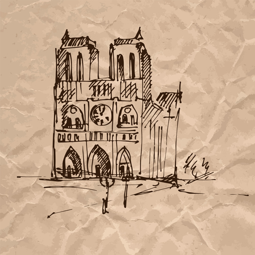 Hand drawn medieval buildings and crumpled paper vector 05 medieval hand drawn Crumpled paper crumpled buildings   