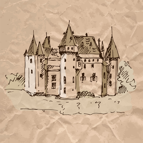 Hand drawn medieval buildings and crumpled paper vector 14 medieval hand drawn Crumpled paper crumpled buildings   