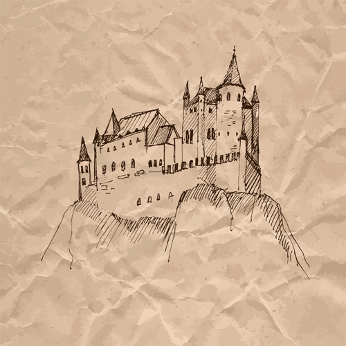 Hand drawn medieval buildings and crumpled paper vector 11 medieval hand drawn Crumpled paper crumpled buildings   