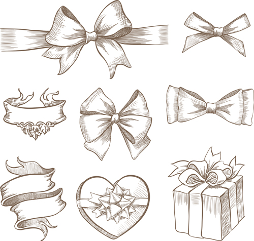 Hand drawn ribbon bow and gift boxes vector 01 ribbon hand-draw hand drawn gift boxes gift box boxes   