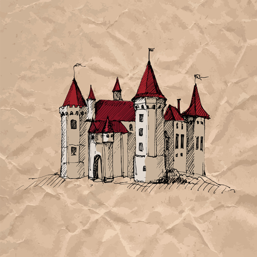Hand drawn medieval buildings and crumpled paper vector 02 medieval hand drawn Crumpled paper crumpled buildings   