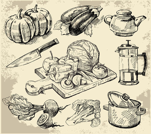 Set of Sketch Kitchen supplies vector 01 supplies sketch kitchen   