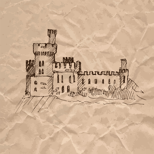 Hand drawn medieval buildings and crumpled paper vector 10 medieval hand drawn Crumpled paper crumpled buildings   