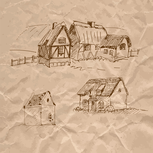 Hand drawn medieval buildings and crumpled paper vector 01 medieval hand drawn Crumpled paper crumpled buildings   