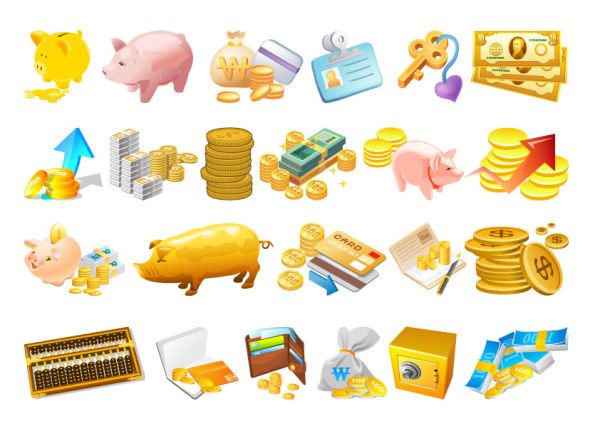 Financial and monetary cartoon vector set wealth piggy monetary financial cartoon BRIC bank card   