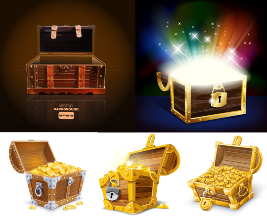 treasure box design elements vector wooden treasure box starlight Retro font pencil gold box   