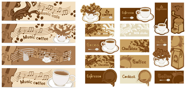 Coffee banner art vector stickers spoon splash saucer music labels dish cup coffee pot coffee machine coffee cup coffee banners banner   