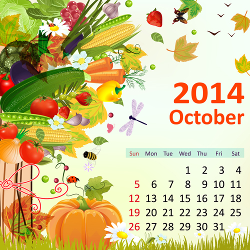 2014 Floral Calendar October vector October calendar 2014   