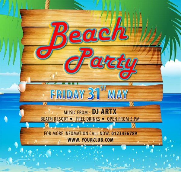 Wooden beach party poster vector material wooden poster beach party beach   