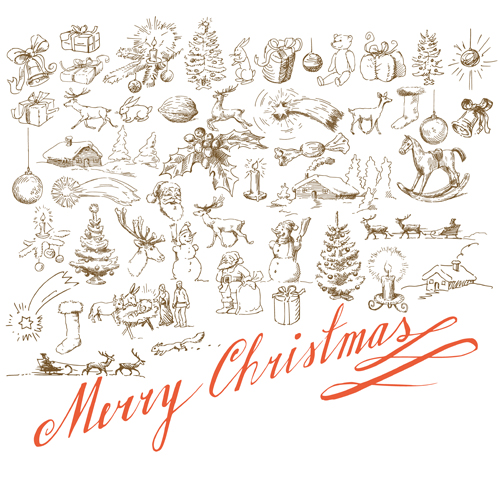 Hand drawn Retro Merry Christmas accessories vector art 03 Retro font merry hand-draw hand drawn christmas accessories   