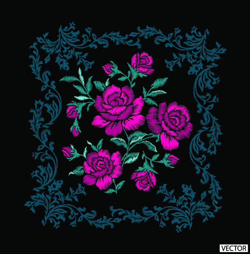 Embroidery flower with frame vector material material frame flower embroidery   
