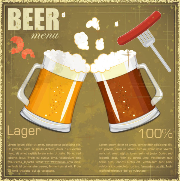 Retro beer design vector sausage Retro font cartoon beer background   