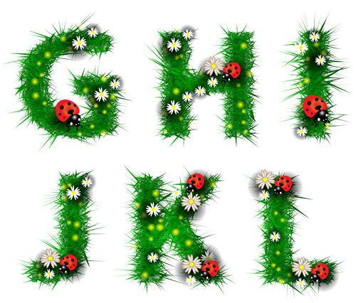 Green leaf alphabet with coccinella and flower vector 03 Green Leaf green flower coccinella alphabet   