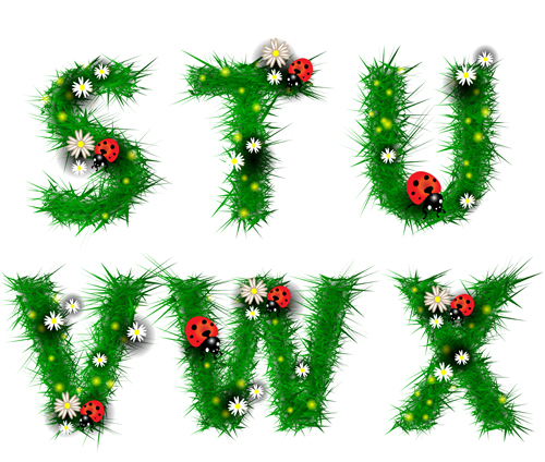 Green leaf alphabet with coccinella and flower vector 01 Green Leaf flower coccinella alphabet   