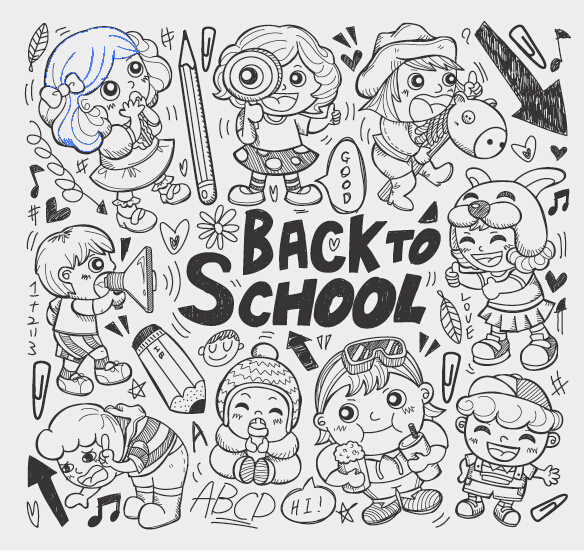 Hand drawn kids with school elements vector school kids hand drawn   