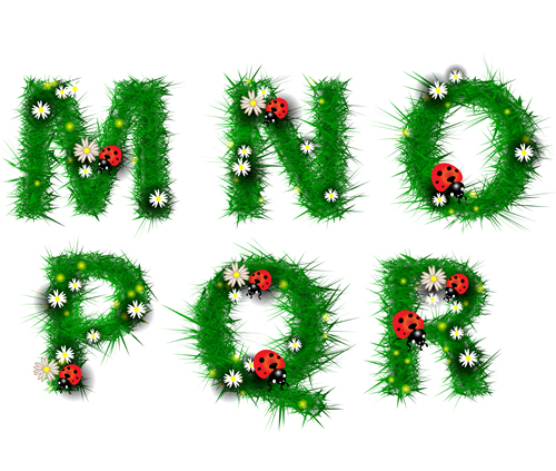 Green leaf alphabet with coccinella and flower vector 02 Green Leaf green flower coccinella alphabet   