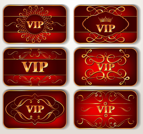 Vintage red Vip cards with floral pattern vector vip vintage red pattern floral cards   