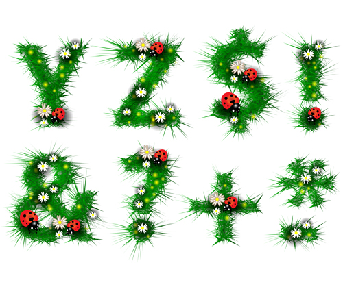 Green leaf alphabet with coccinella and flower vector 05 Green Leaf green flower coccinella alphabet   