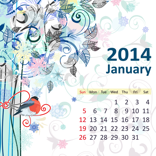 2014 Floral Calendar January vector floral calendar 2014   