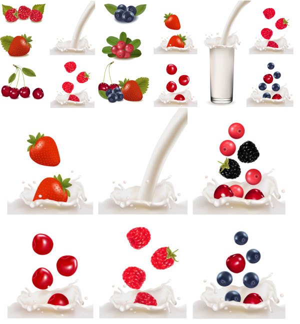 Fresh fruit vector strawberry splash milk fruit fresh milk cherry blueberry   