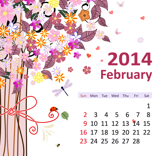 2014 Floral Calendar February vector february calendar 2014   