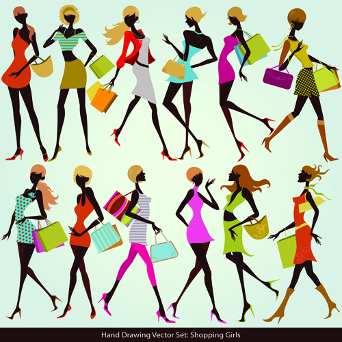 Hand drawing shopping girls vector set 01 shopping hand-draw girls girl drawing   