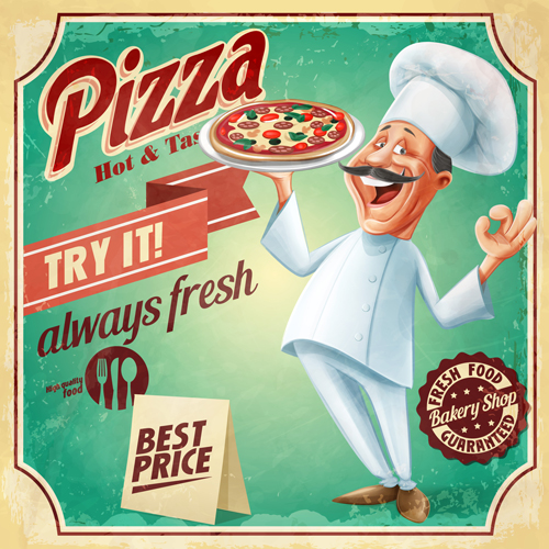 Vintage pizza poster with chef vector 01 vintage poster pizza chef   