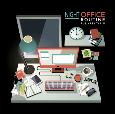 Night office and computer desks design vector office night desk computer   