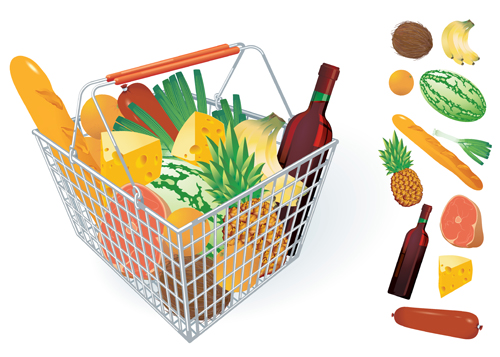 Supermarkets shopping basket with food vector 04 supermarket shopping basket food   