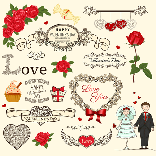 Valentine vintage ornaments design elements vector 02 vintage Valentine ornaments ornament elements element   