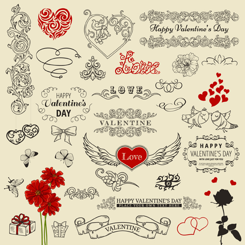 Valentine vintage ornaments design elements vector 01 vintage Valentine ornaments ornament elements element   