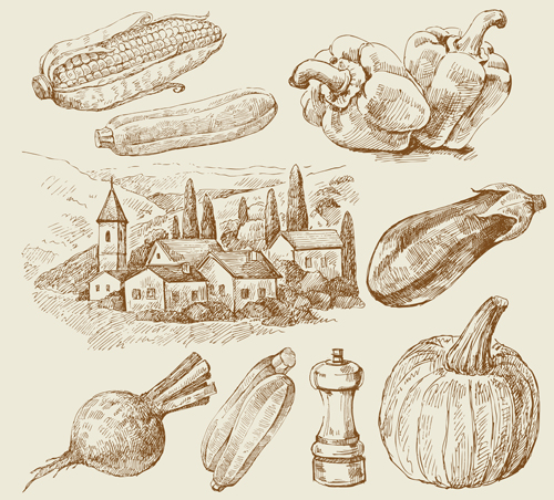 Sketch village with vegetables vector 01 village vegetables sketch   