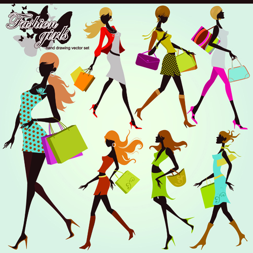 Hand drawing shopping girls vector set 02 shopping hand-draw girls girl drawing   