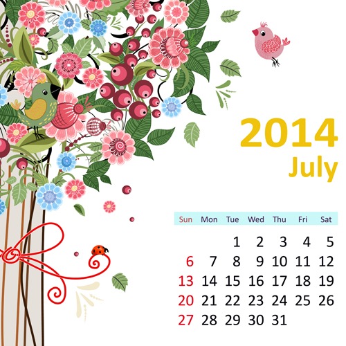 2014 Floral Calendar July vector floral calendar 2014   