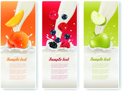Fruits with milk vertical banner vector set 03 vertical banner milk fruits banner   