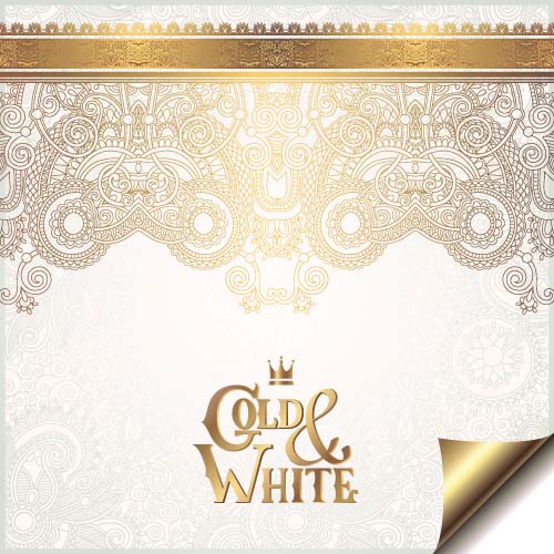 Gold lace with white ornaments background vector 03 ornaments lace gold background   