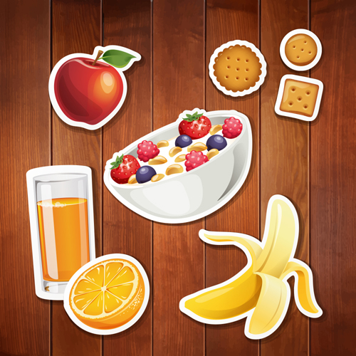 Food stickers and wood background creative vectors 03 wood stickers food creative background   