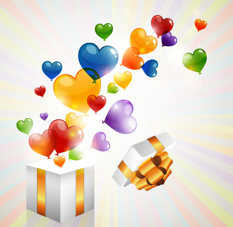 Colored heart shaped balloon with gift box vector heart shaped gift box gift colored balloon   