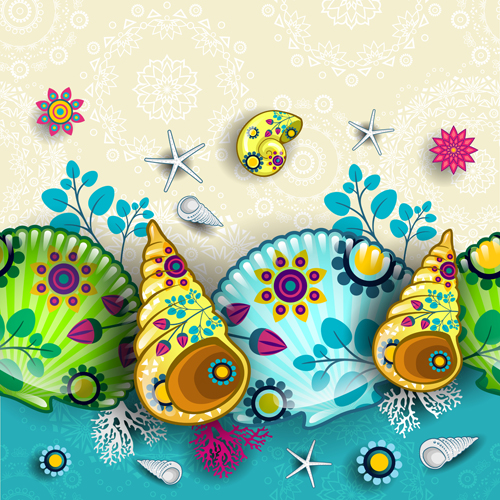 Shells with marine elements vector background art 02 Vector Background shells shell elements element background   