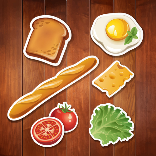 Food stickers and wood background creative vectors 05 wood stickers food creative background   