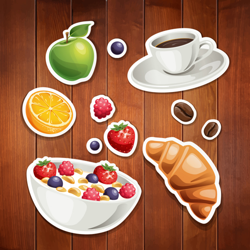 Food stickers and wood background creative vectors 04 wood stickers food creative background   